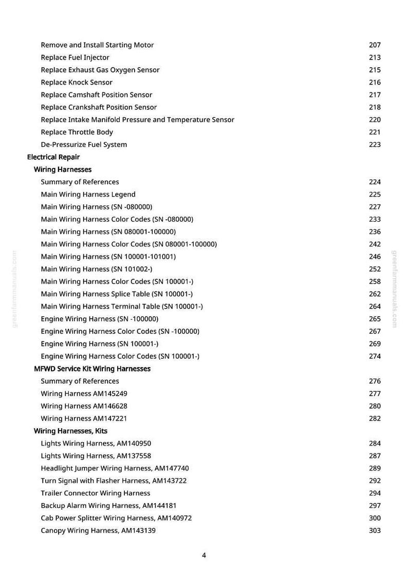 May include: A manual page detailing automotive repair procedures. The text lists various topics such as "Replace Fuel Injector" and "Wiring Harnesses, Kits." The page also includes a section on electrical repair.