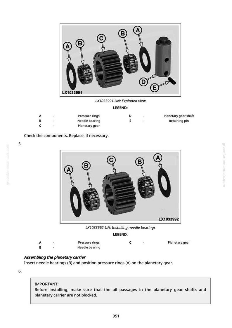 May include: Diagram of planetary gear components, including pressure rings, needle bearings, and a planetary gear. The image includes labels and a legend for easy identification of each part. The text reads "LX1033991" and "LX1033992".