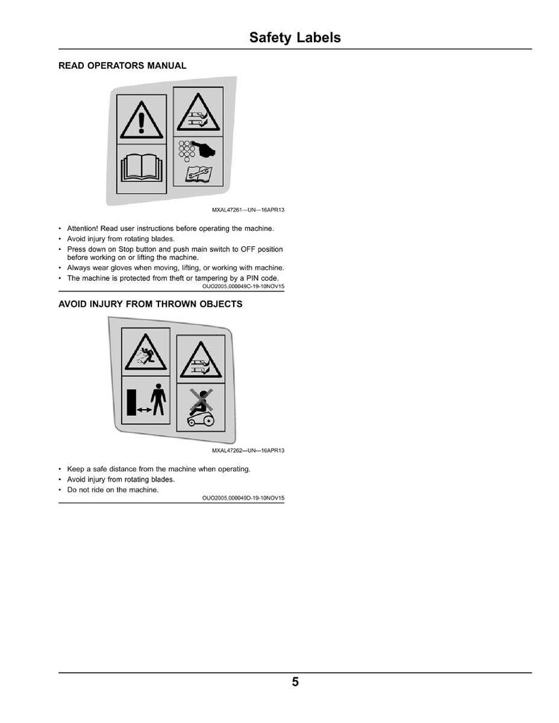 May include: A white page with safety instructions and the title "Safety Labels". The page includes warning symbols and text such as "Read Operators Manual" and "Avoid Injury From Thrown Objects."