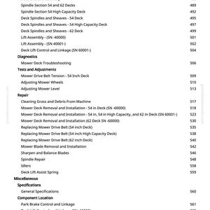 May include: A manual page detailing mower specifications and repair procedures. Sections include component locations, tests, and adjustments. The page lists various deck and lift assembly instructions. Page number 8.