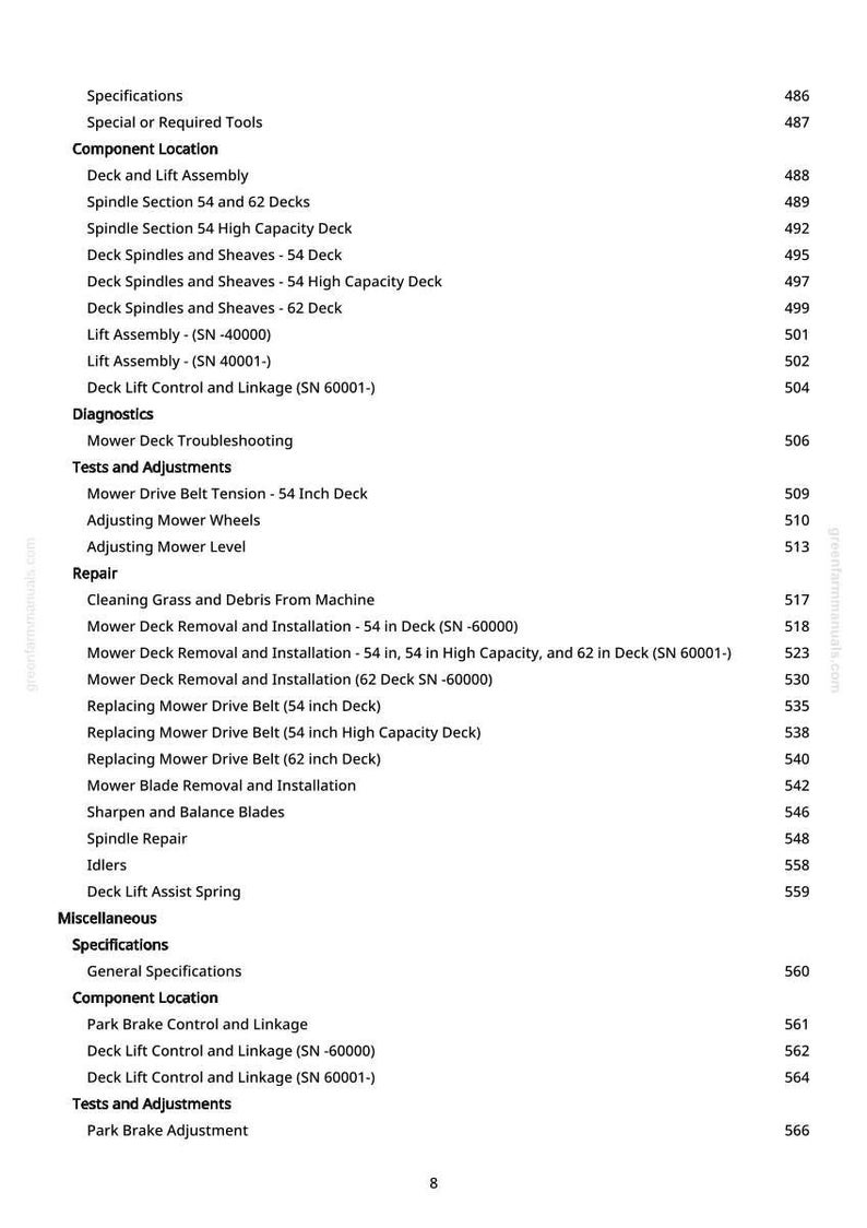 May include: A manual page detailing mower specifications and repair procedures. Sections include component locations, tests, and adjustments. The page lists various deck and lift assembly instructions. Page number 8.