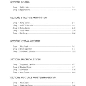 May include: A white document page displaying a table of contents. The document is split into sections such as General, Structure and Function, Hydraulic System, Electrical System, and Fault Code and System Operation. Each section lists groups and page numbers.