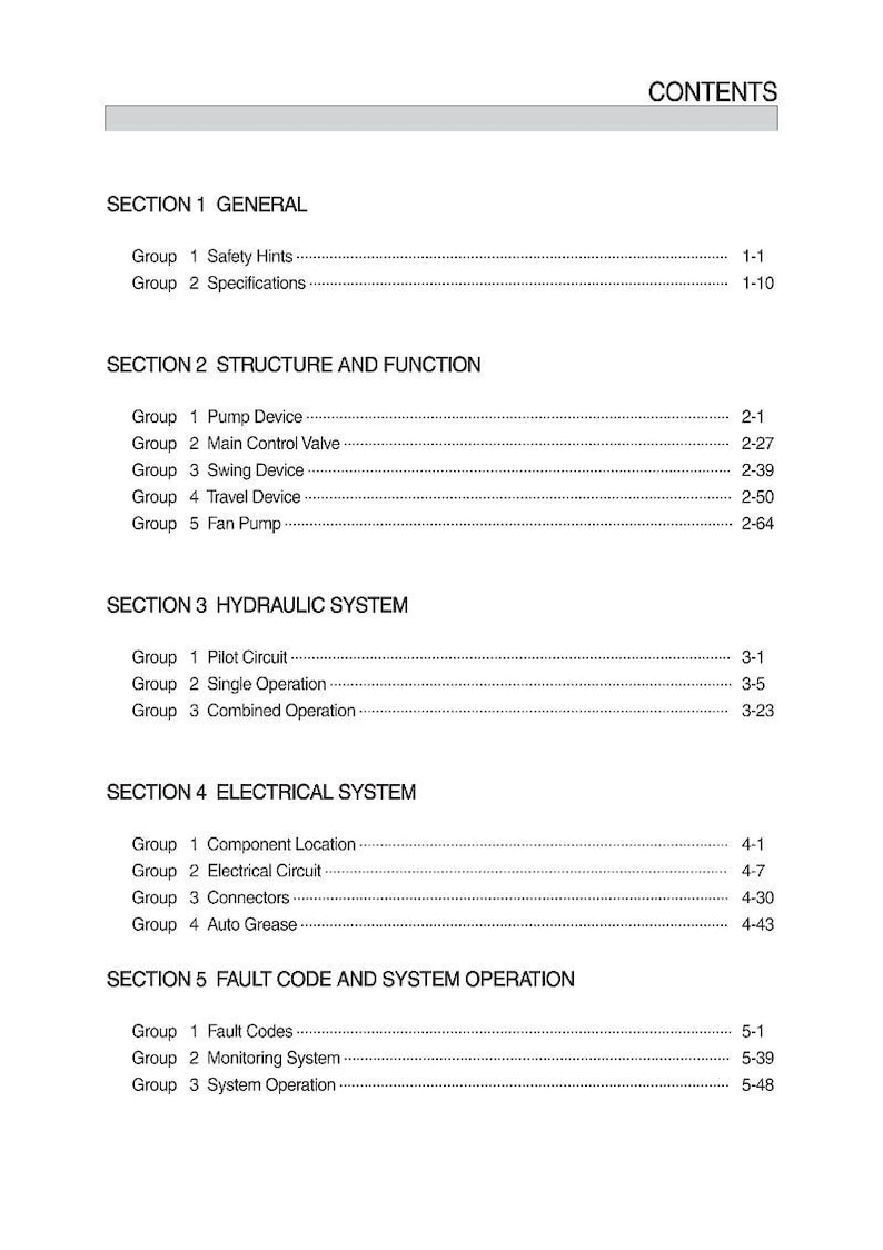 May include: A white document page displaying a table of contents. The document is split into sections such as General, Structure and Function, Hydraulic System, Electrical System, and Fault Code and System Operation. Each section lists groups and page numbers.