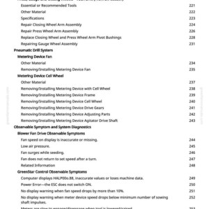 May include: A detailed table of contents from greenfarmmanuals.com, listing repair and diagnostic information for agricultural equipment. Topics include wheel assemblies, pneumatic drill systems, and observable symptoms.