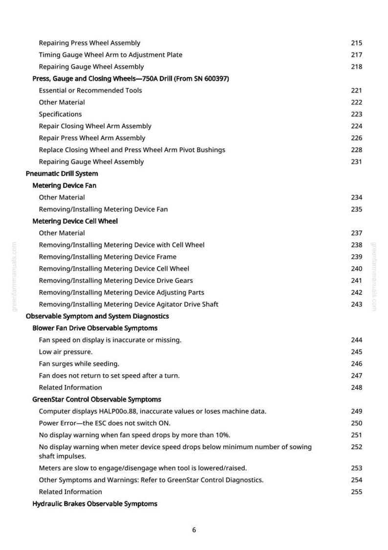 May include: A detailed table of contents from greenfarmmanuals.com, listing repair and diagnostic information for agricultural equipment. Topics include wheel assemblies, pneumatic drill systems, and observable symptoms.