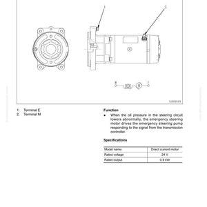 May include: Diagram of an emergency steering motor, labeled with terminals and specifications. The diagram includes a side view and a circular view of the motor, with text indicating its function and technical details.