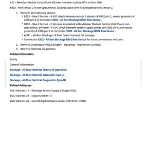 May include: A white document with black text detailing the BMU 523023.31 Member Module B5 Row 2 Sensor's non-operational status. Includes troubleshooting steps, related information, and addresses. The document is from greenfarmmanuals.com.