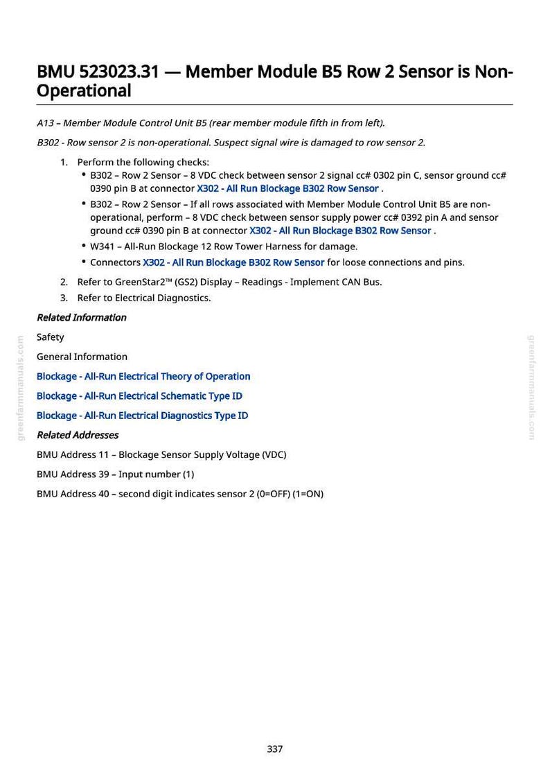May include: A white document with black text detailing the BMU 523023.31 Member Module B5 Row 2 Sensor's non-operational status. Includes troubleshooting steps, related information, and addresses. The document is from greenfarmmanuals.com.