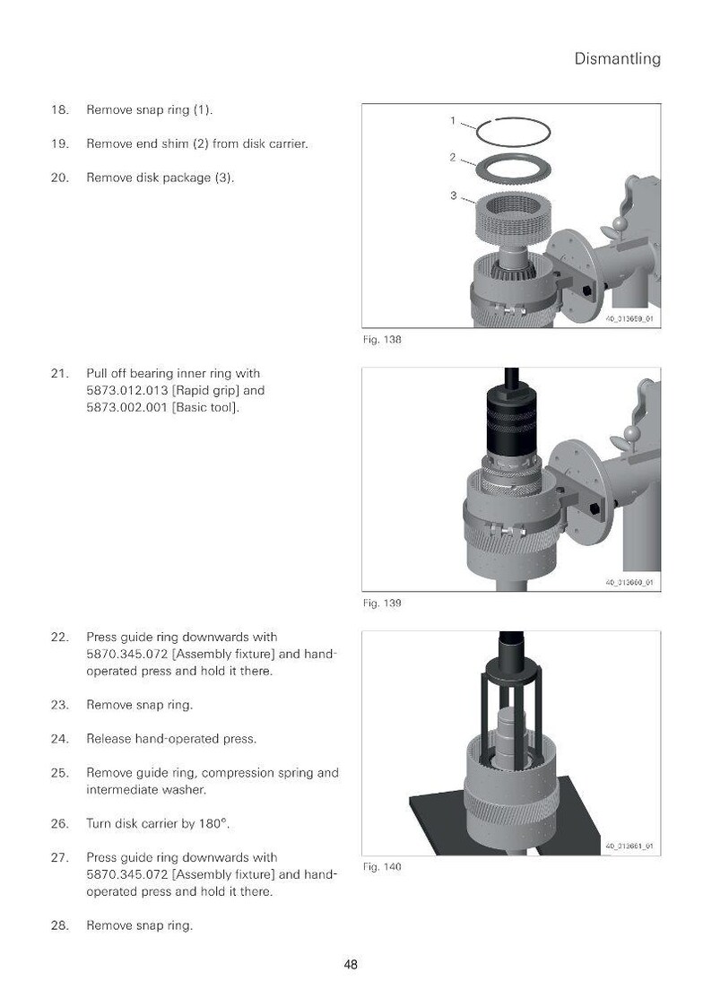 May include: Diagram of a dismantling process, featuring mechanical components and assembly steps. The image includes numbered parts, diagrams, and text instructions for disassembly. The illustrations show various stages of the process.