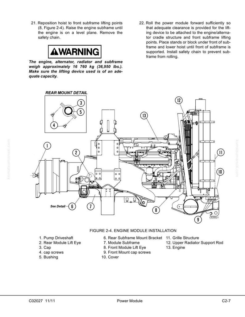 May include: Diagram of an engine module installation, including a pump driveshaft, rear module lift eye, and grille structure. The diagram includes a warning about the engine's weight, approximately 36,950 lbs.