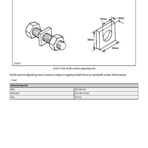 Puede incluir: Diagrama de una herramienta de ajuste de control de tiro, que incluye un perno, acero plano y tuerca. El acero plano mide 30 mm x 30 mm x 6 mm. El perno mide 20 mm x 80 mm. La tuerca mide 20 mm. La herramienta se utiliza para crear una fuerza de tiro negativa.