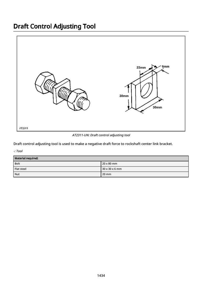Puede incluir: Diagrama de una herramienta de ajuste de control de tiro, que incluye un perno, acero plano y tuerca. El acero plano mide 30 mm x 30 mm x 6 mm. El perno mide 20 mm x 80 mm. La tuerca mide 20 mm. La herramienta se utiliza para crear una fuerza de tiro negativa.