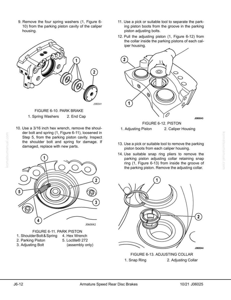 K&ouml;nnte beinhalten: Diagramme von Kfz-Bremskomponenten, einschlie&szlig;lich Bremssattelgeh&auml;use, Einstellkolben und Sicherungsring. Das Bild enth&auml;lt Beschriftungen und Anweisungen f&uuml;r die Demontage und Wartung des Bremssystems. Text enth&auml;lt "Armature Speed Rear Disc Brakes."