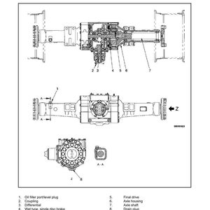 May include: Diagram of a front axle assembly, labeled with key components. The image includes top, side, and cross-sectional views, with callouts for parts like the differential, axle shaft, and brake.