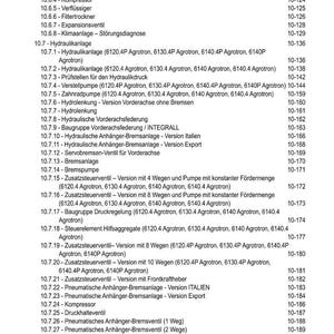 May include: A detailed table of contents in German, featuring various technical components and systems, including hydraulics, brakes, and electrical calibrations. The document is organized with numbered sections and page references.