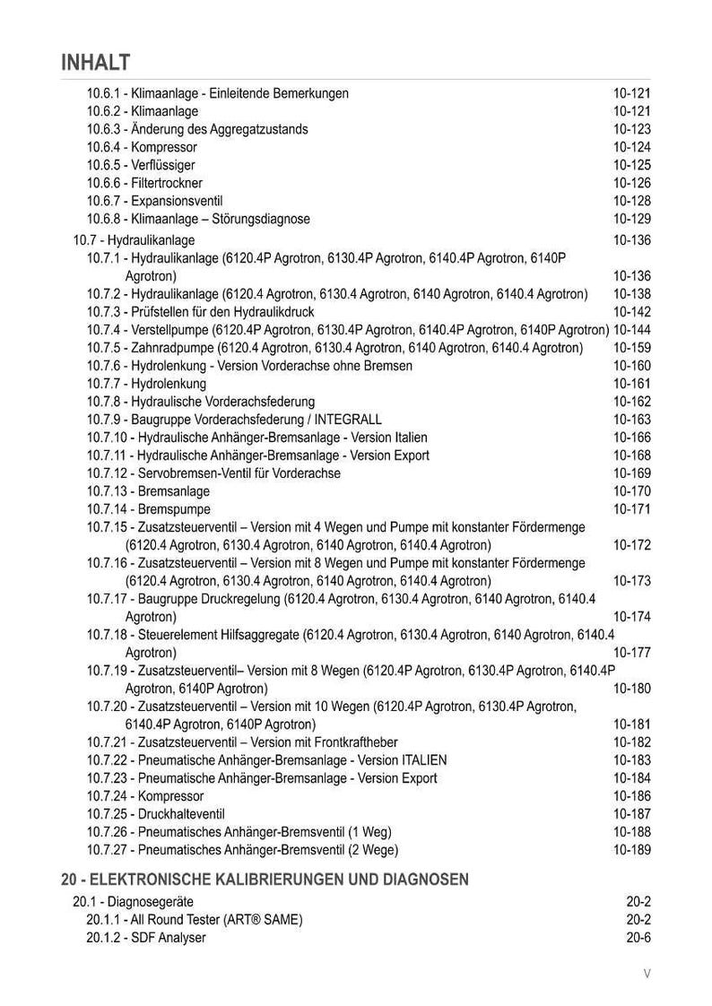 May include: A detailed table of contents in German, featuring various technical components and systems, including hydraulics, brakes, and electrical calibrations. The document is organized with numbered sections and page references.
