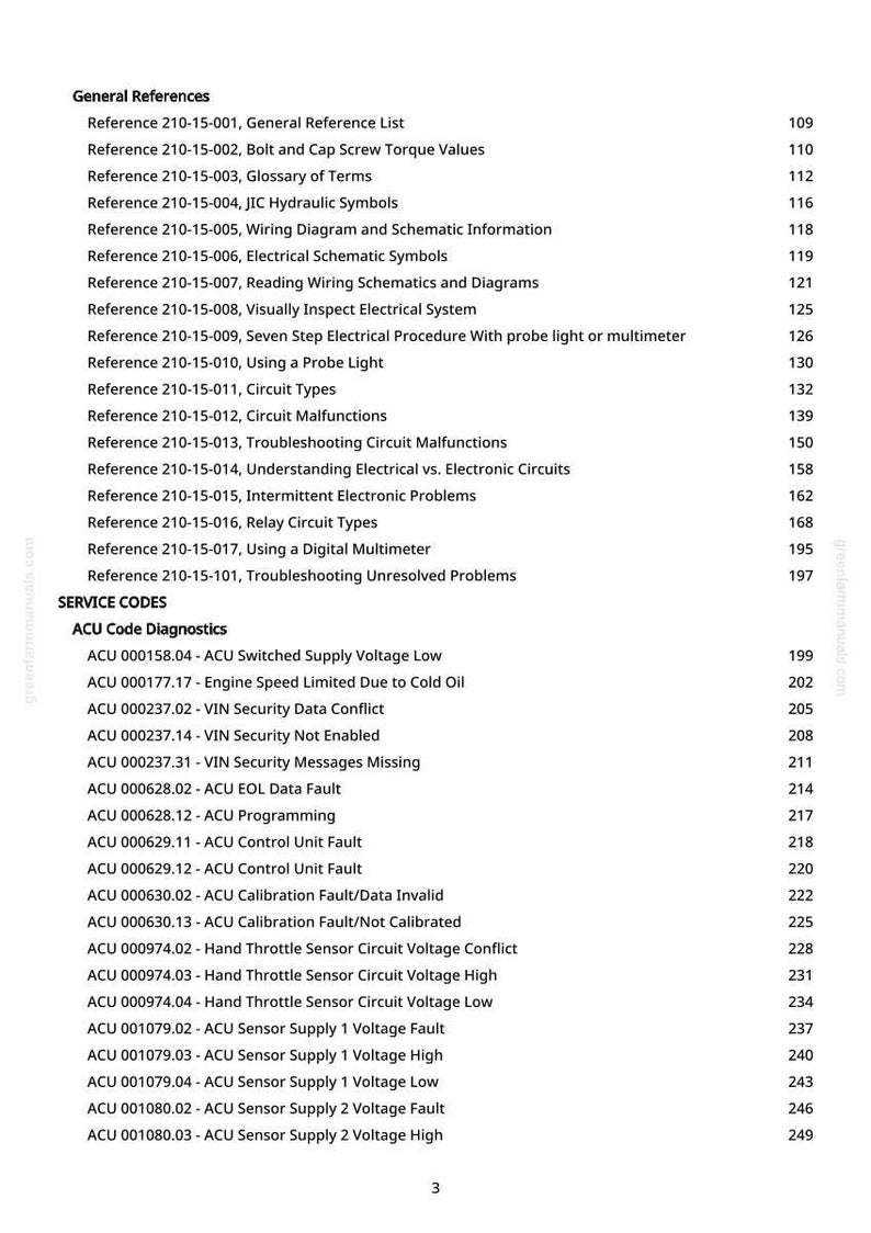May include: A page from a manual with a white background, listing various technical references and service codes. The text includes titles like "General References" and "Service Codes," along with specific diagnostic codes and page numbers.