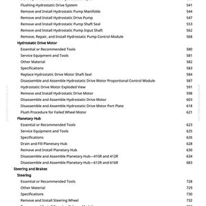 May include: A page from a manual with a list of procedures and specifications for hydrostatic drive motors, planetary hubs, steering, and brakes. The text includes headings and page numbers.