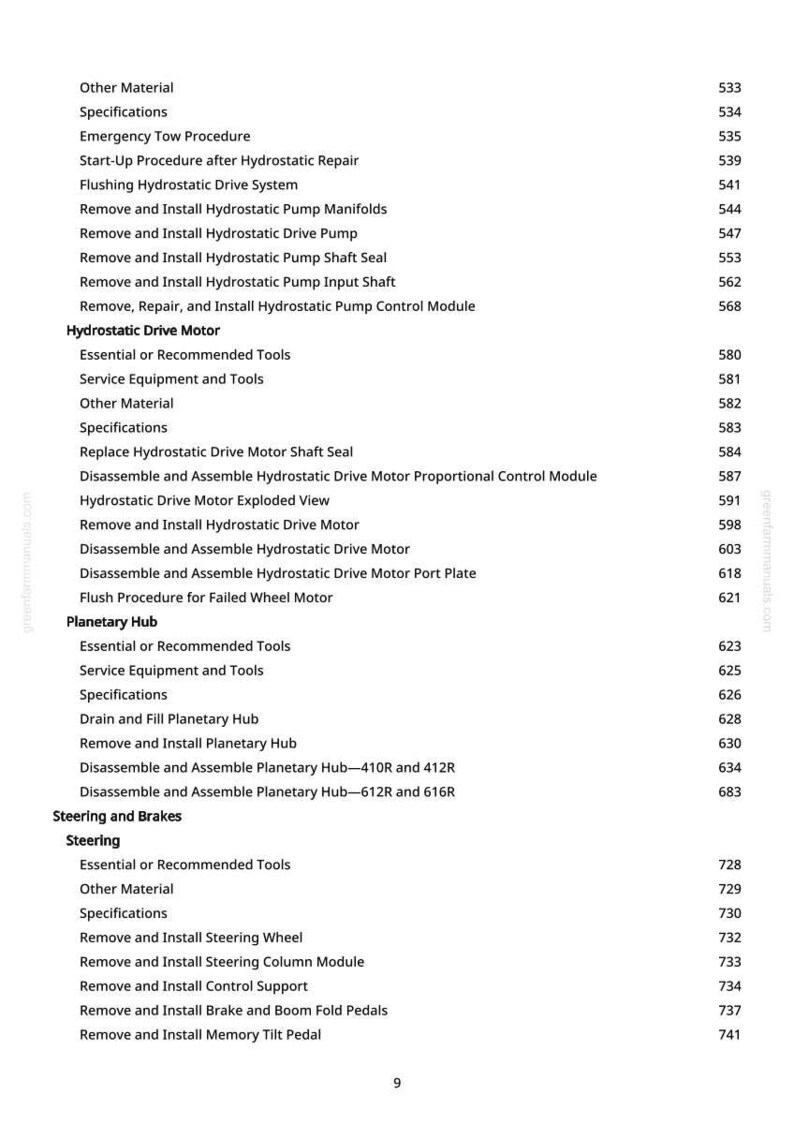 May include: A page from a manual with a list of procedures and specifications for hydrostatic drive motors, planetary hubs, steering, and brakes. The text includes headings and page numbers.