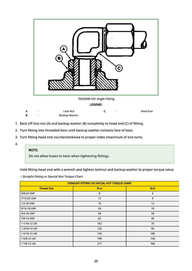 May include: Diagram of an angle fitting, labeled with letters and a legend. Includes instructions for use and a torque chart for straight fittings, with thread sizes and torque values in lb-ft and N-m.