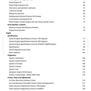 May include: A page from a manual with a table of contents. The headings include Fuel and Lubricants, Engine, Diagnostics, and Checks, Tests, and Adjustments. The page numbers are listed on the right.