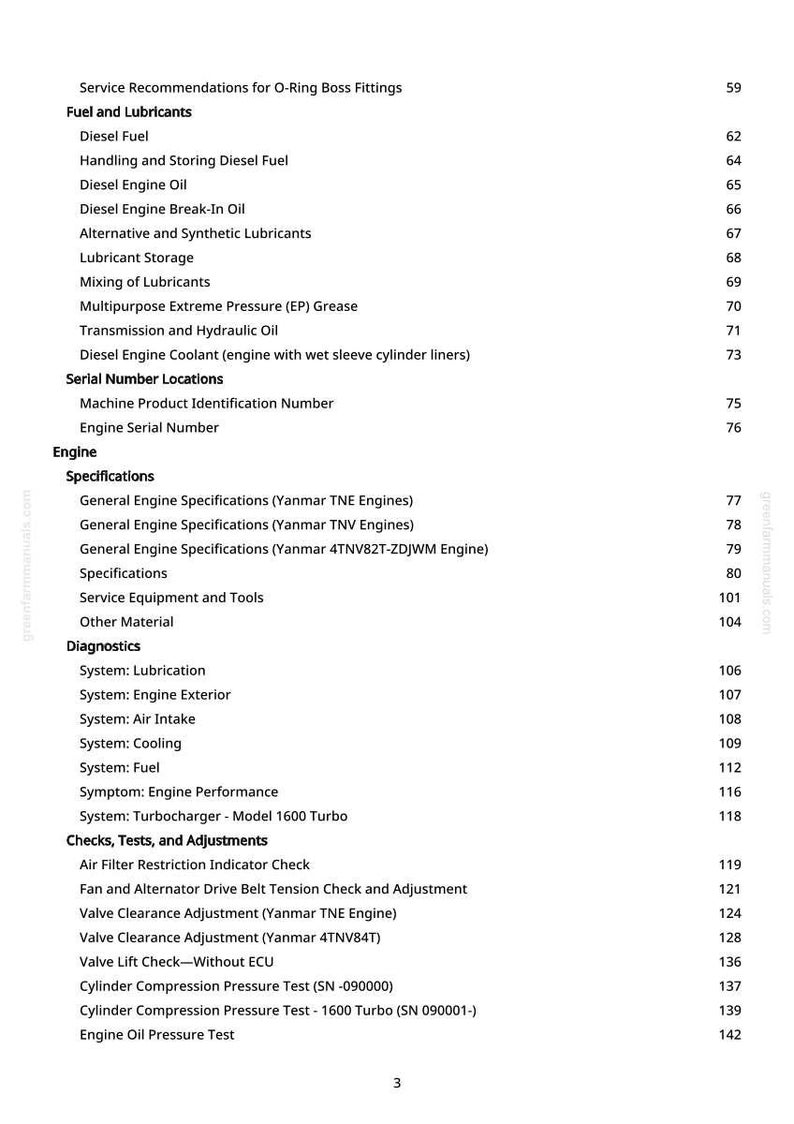 May include: A page from a manual with a table of contents. The headings include Fuel and Lubricants, Engine, Diagnostics, and Checks, Tests, and Adjustments. The page numbers are listed on the right.