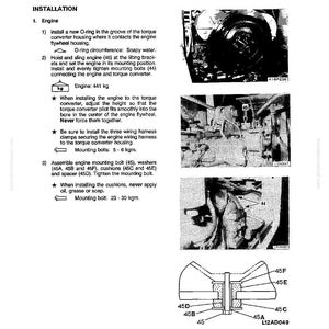 May include: A page from a manual detailing engine disassembly and assembly. The text includes instructions for installing an O-ring, hoisting the engine, and assembling mounting bolts. Diagrams illustrate the engine components and their placement.
