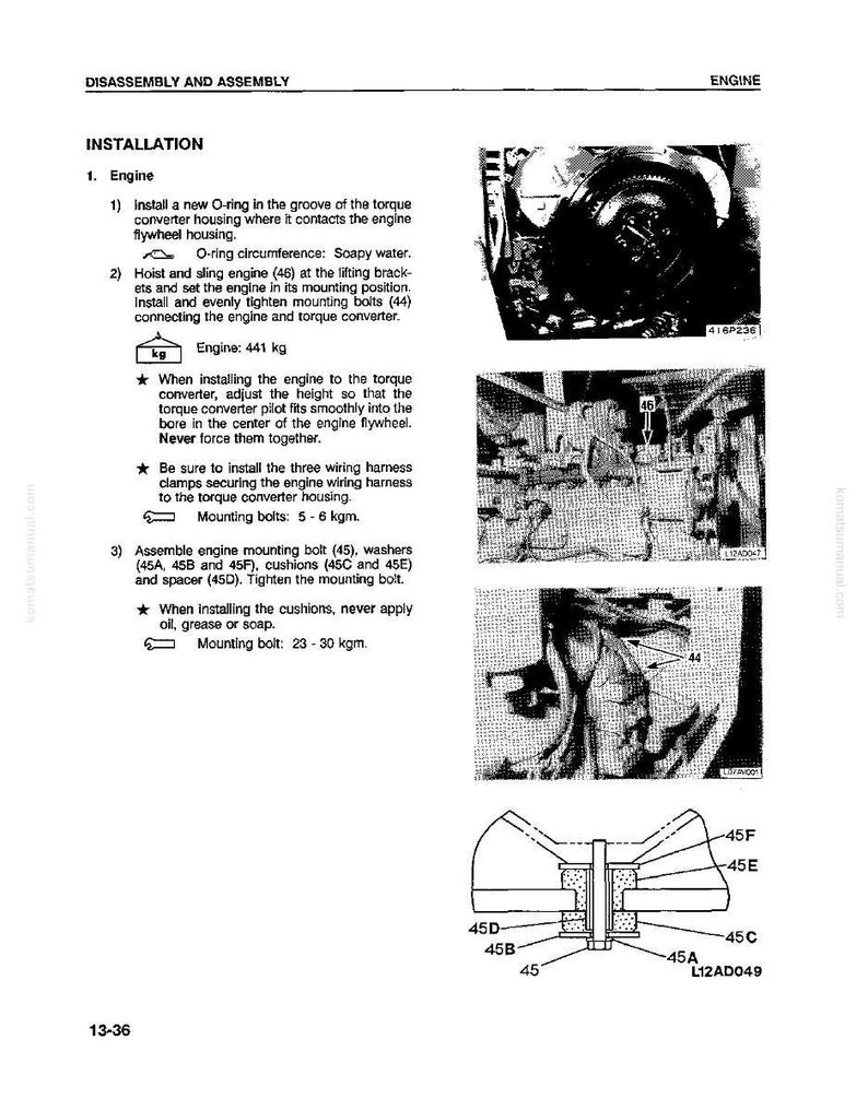 May include: A page from a manual detailing engine disassembly and assembly. The text includes instructions for installing an O-ring, hoisting the engine, and assembling mounting bolts. Diagrams illustrate the engine components and their placement.