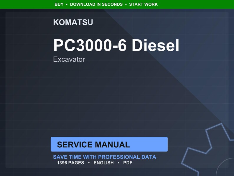 Może przedstawiać: Cyfrowa instrukcja serwisowa dla koparki Komatsu PC3000-6 Diesel. Okładka jest ciemnoniebieska z białym tekstem, w tym nazwą modelu i słowami "Instrukcja serwisowa". Instrukcja zawiera 1396 stron.