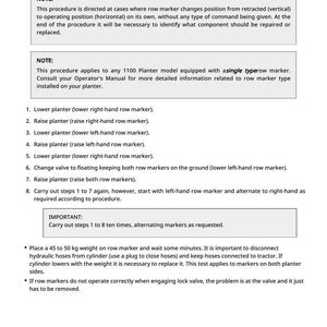 May include: A detailed instructional document titled "Checking Row Marker Valve and Cylinder." The text provides step-by-step instructions for diagnosing and repairing row markers on a planter, including specific procedures and important notes.