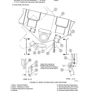 May include: Diagram of an electrical system component, labeled "Body-Up and Hoist Limit Switches." The image includes detailed views, labels, and measurements in inches. It is a technical illustration for machinery.