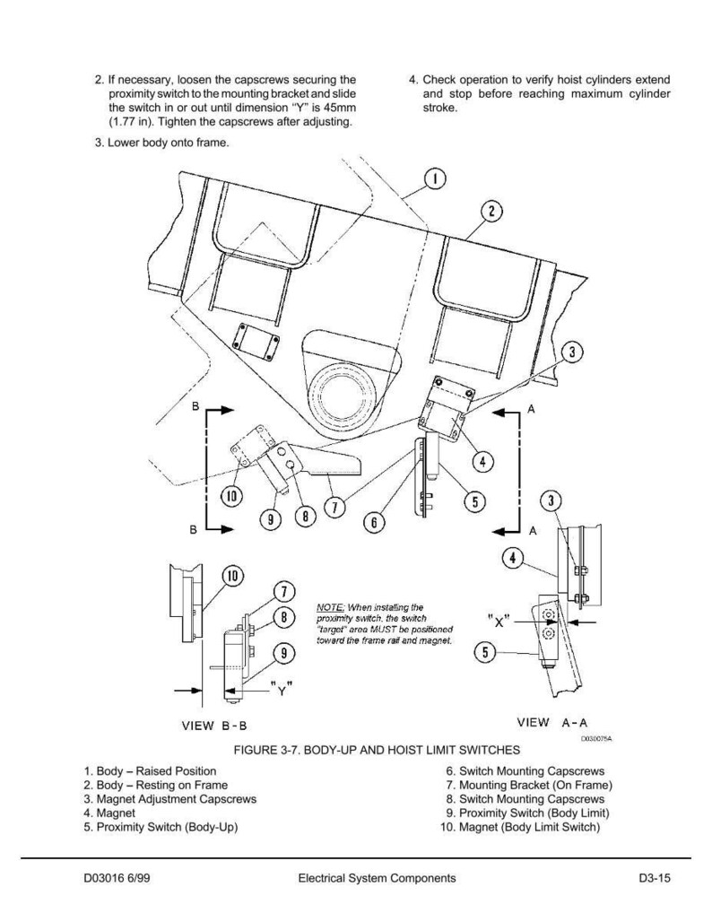 May include: Diagram of an electrical system component, labeled "Body-Up and Hoist Limit Switches." The image includes detailed views, labels, and measurements in inches. It is a technical illustration for machinery.