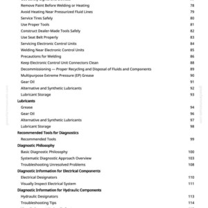 May include: A page from a manual with a white background, listing various maintenance and diagnostic procedures. Titles include "Service Tires Safely," "Gear Oil," and "Troubleshooting Unresolved Problems."