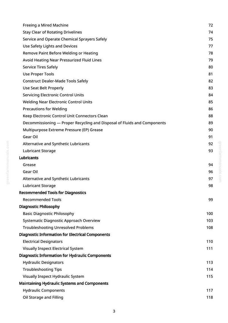 May include: A page from a manual with a white background, listing various maintenance and diagnostic procedures. Titles include "Service Tires Safely," "Gear Oil," and "Troubleshooting Unresolved Problems."