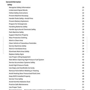 May include: A printed page titled "Table of Contents" from a manual. The table lists safety topics such as "Recognize Safety Information", "Handle Fluids Safely", and "Avoid Harmful Asbestos Dust". The page number is 2.