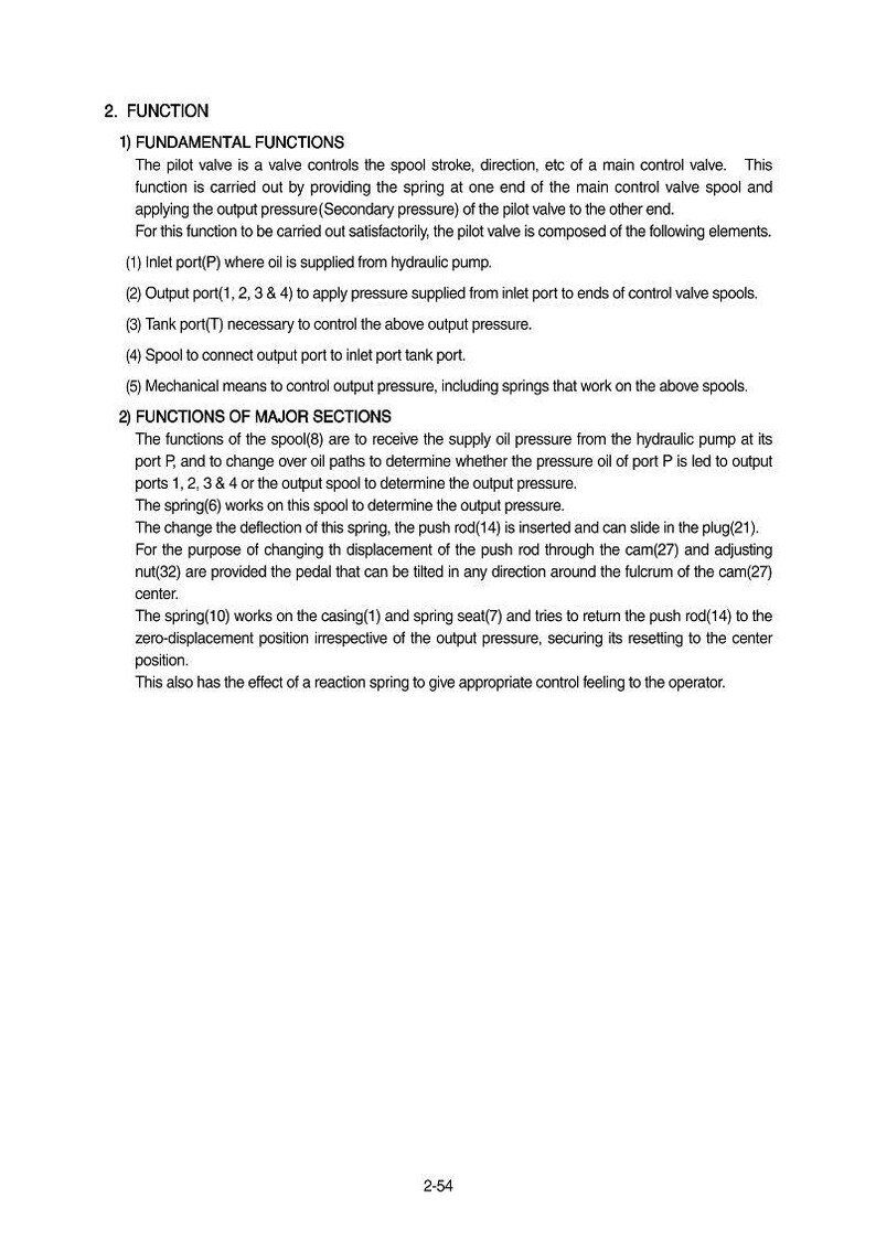 May include: A page from a technical manual detailing the function of a pilot valve. The text describes fundamental functions, including inlet and output ports, and major sections with spring mechanisms. Page number 2-54 is visible.