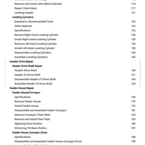 May include: A page from a manual with a list of repair and maintenance procedures for agricultural machinery. The text includes topics like "Leveling Cylinders," "Header Drive Repair," and "Feeder House Repair."