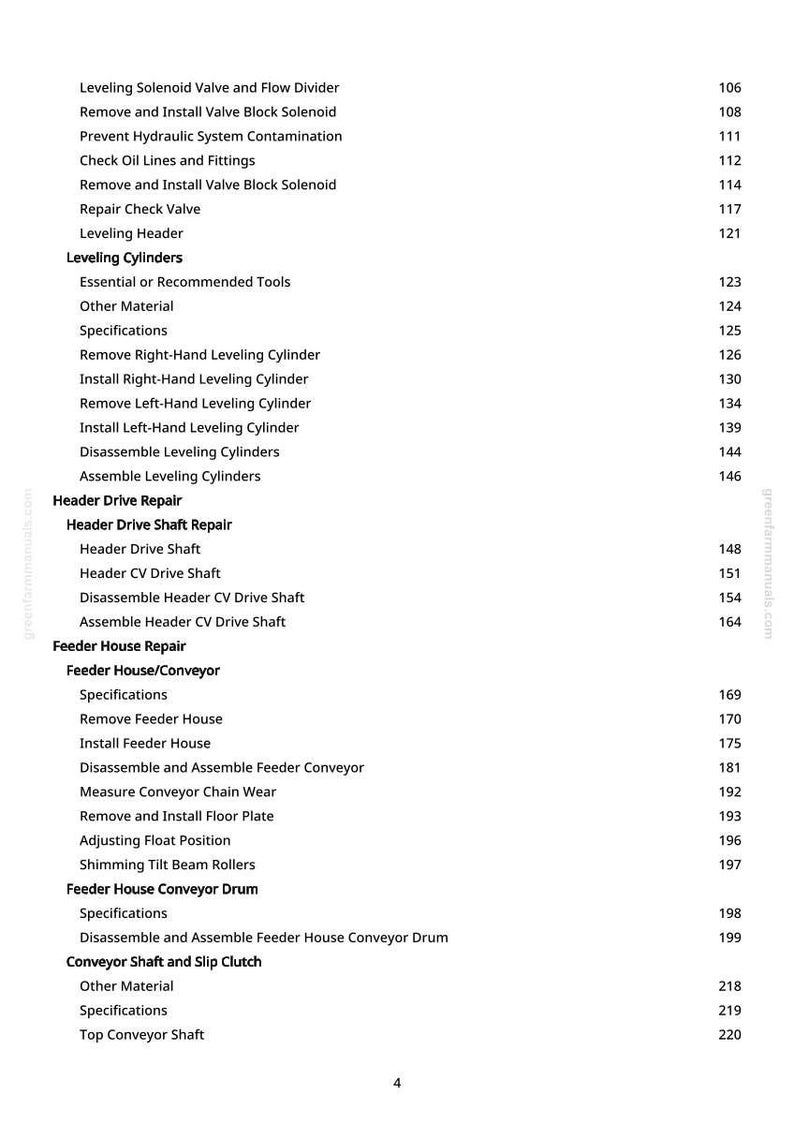 May include: A page from a manual with a list of repair and maintenance procedures for agricultural machinery. The text includes topics like "Leveling Cylinders," "Header Drive Repair," and "Feeder House Repair."