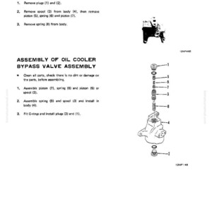 May include: Diagram of an oil cooler bypass valve assembly, with exploded view of components labeled 1-8. Text details disassembly and assembly steps. Includes part numbers and a small illustration of the assembled valve.