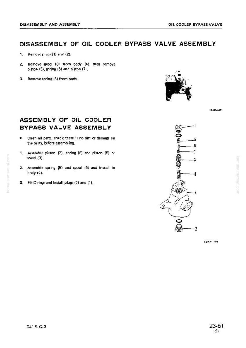 May include: Diagram of an oil cooler bypass valve assembly, with exploded view of components labeled 1-8. Text details disassembly and assembly steps. Includes part numbers and a small illustration of the assembled valve.