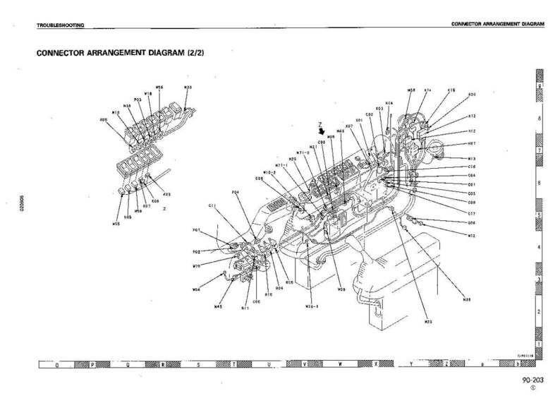 Op de afbeelding: Een zwart-wit connector arrangement diagram (2/2) met talrijke gelabelde componenten. Het diagram bevat de tekst "Probleemoplossing" en "Connector Arrangement Diagram (2/2)".
