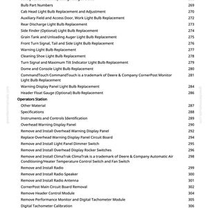 May include: A white page with a list of instructions and part numbers for agricultural equipment maintenance. The text includes topics like lighting, bulb replacement, and control panel removal. The page is from a manual.
