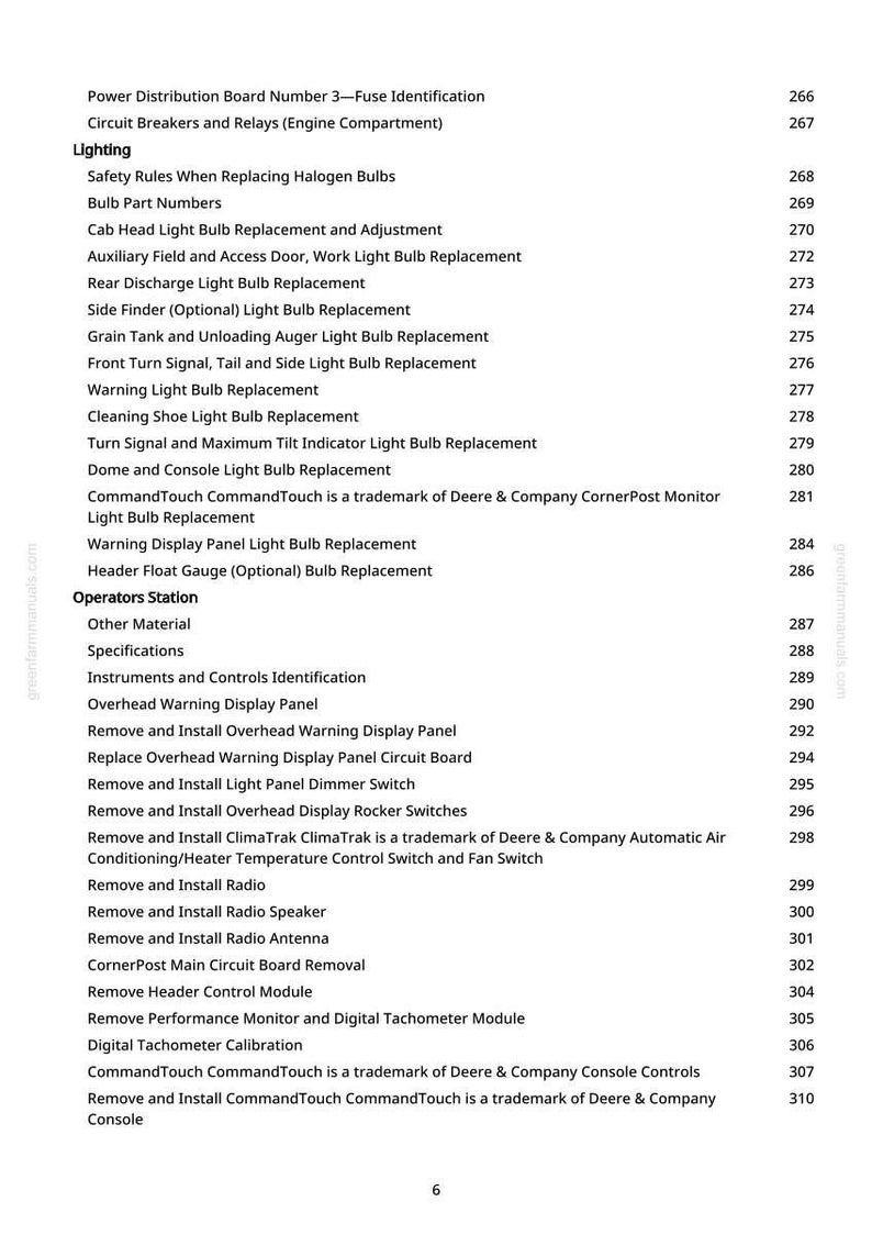 May include: A white page with a list of instructions and part numbers for agricultural equipment maintenance. The text includes topics like lighting, bulb replacement, and control panel removal. The page is from a manual.