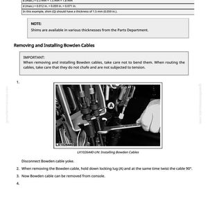 May include: Diagram illustrating the removal and installation of Bowden cables, with measurements in inches and millimeters. The image includes text instructions, a wrench, and a close-up of the cable assembly. The text reads "LX1026440-UN: Installing Bowden Cables."