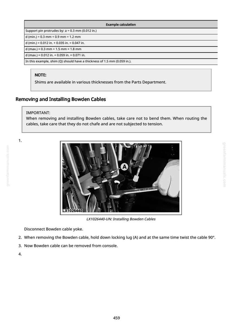 May include: Diagram illustrating the removal and installation of Bowden cables, with measurements in inches and millimeters. The image includes text instructions, a wrench, and a close-up of the cable assembly. The text reads "LX1026440-UN: Installing Bowden Cables."