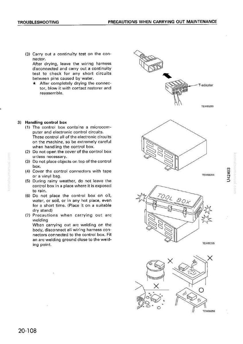 May include: Diagrams and illustrations from a troubleshooting manual. Includes a T-adapter, control box, and a toolbox. The text provides instructions for maintenance and precautions.