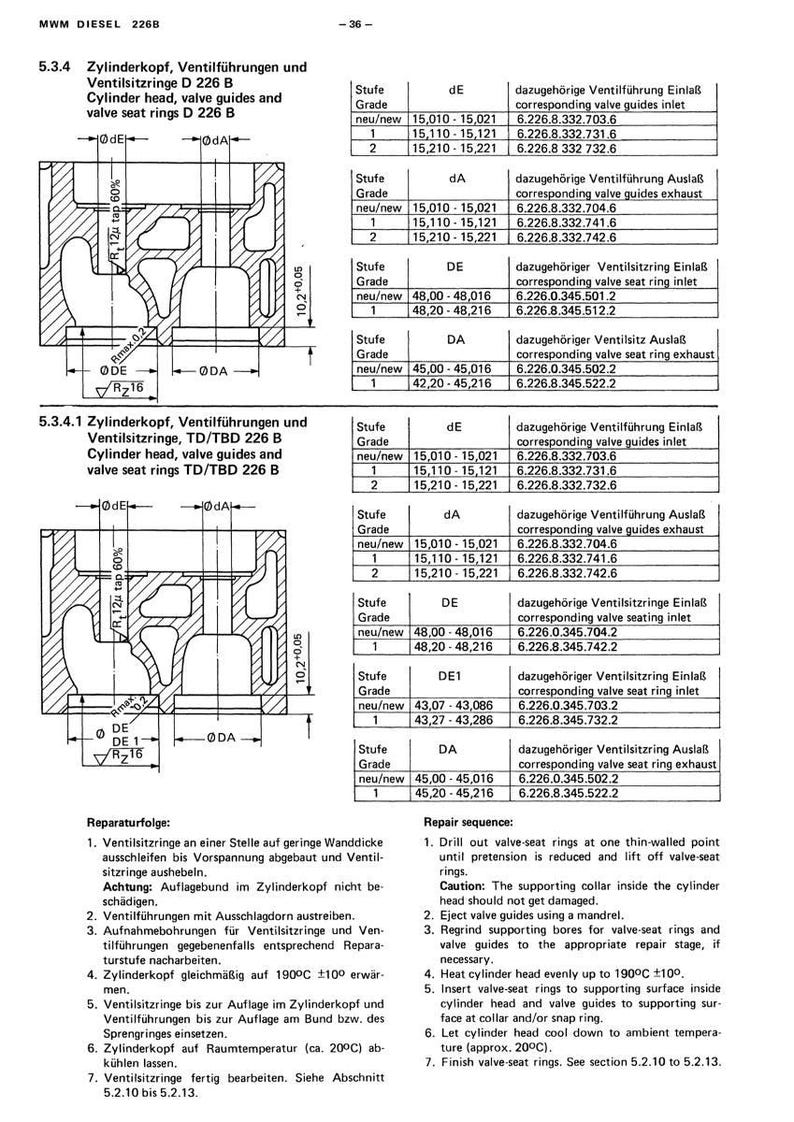 May include: Technical diagram of a cylinder head, valve guides, and valve seat rings for MWM Diesel 226B engines. Includes detailed measurements and repair instructions. The diagram is in black and white.