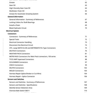 May include: A detailed table of contents from a manual, listing various topics such as lubrication, electrical systems, and sensors. The text includes specific connector types and repair information.
