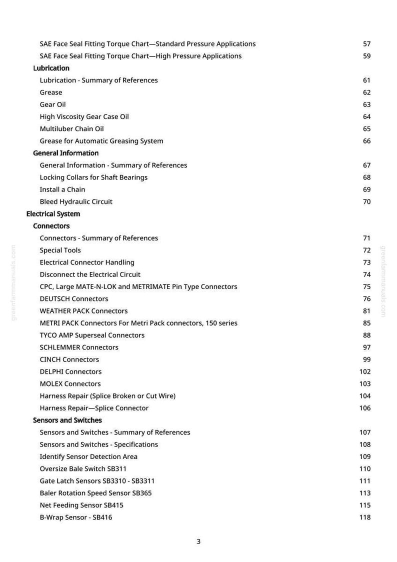May include: A detailed table of contents from a manual, listing various topics such as lubrication, electrical systems, and sensors. The text includes specific connector types and repair information.