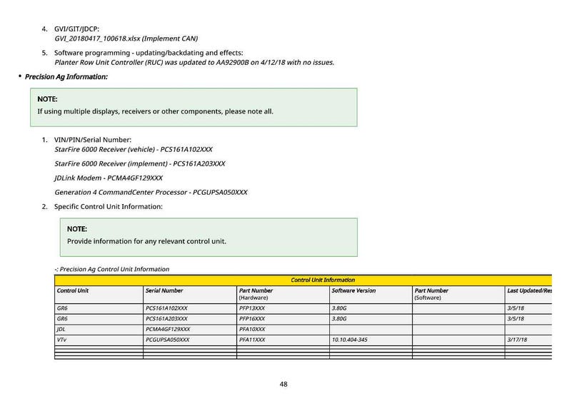 May include: A white document page with black text detailing Precision Ag information. The document includes notes, serial numbers, part numbers, and software versions for various control units. The page number is 48.